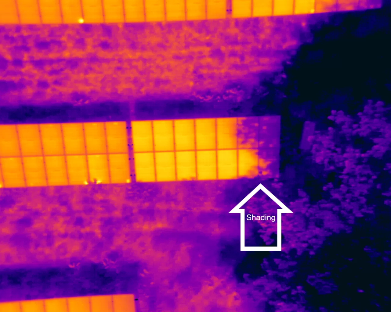 Solar panels showing shading with drone thermal camera