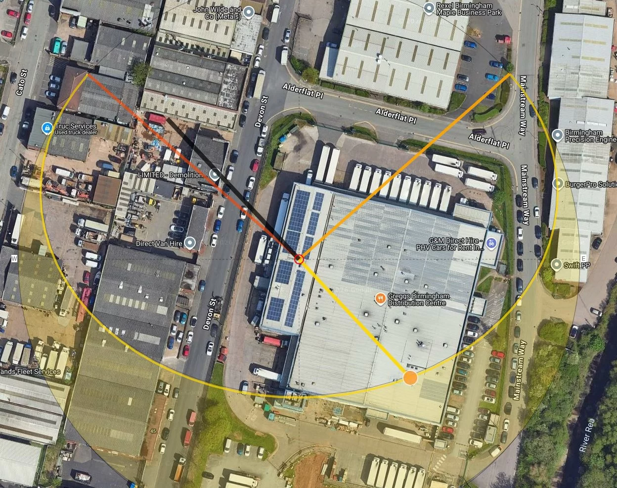 Large food distribution centre roof solar inspections - Sun position