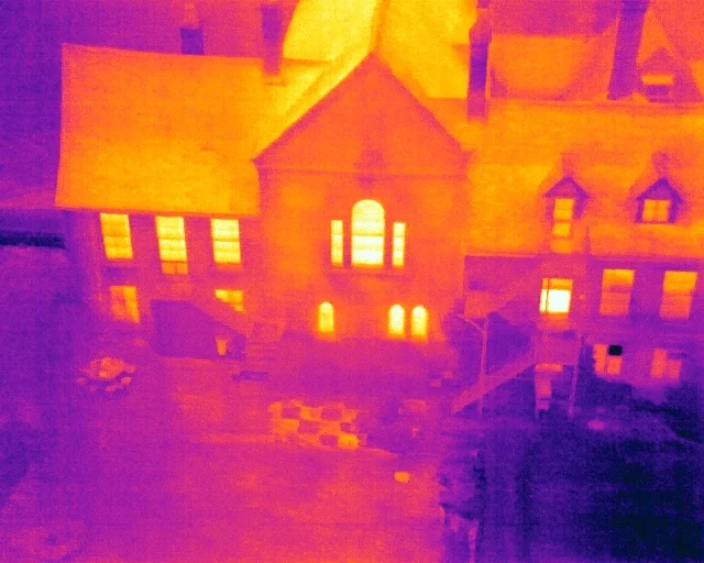 DJI_0008_4569 Aerial thermal image of a residential block after dark, warm and cool patterns across the elevation